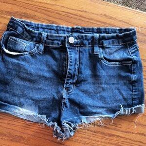 Women's Dark Blue Frayed Hem Embroidered Pockets Jean Shorts 29" Waist